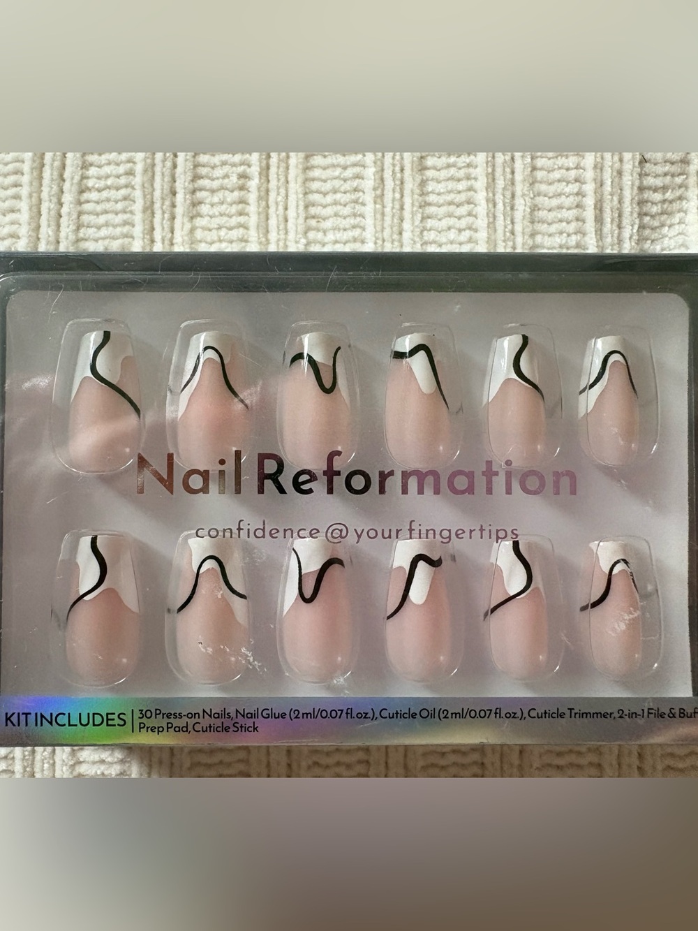 New Nail Reformation Nude Press-On Nails with Black & White Swirl